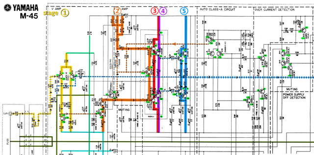 Yamaha M-45 Schematic Detail Left Power Amp Stages And Voltages Marked V2