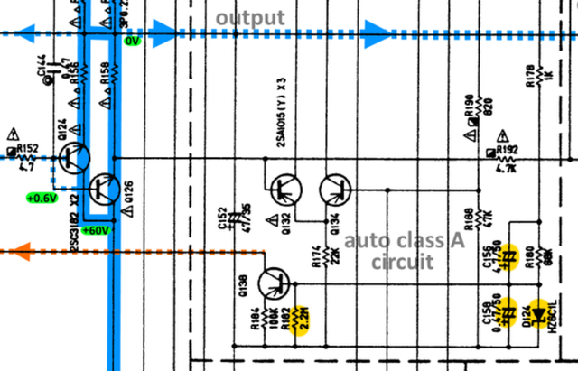 Yamaha M-45 schematic detail right auto class-A circuit suspicious parts