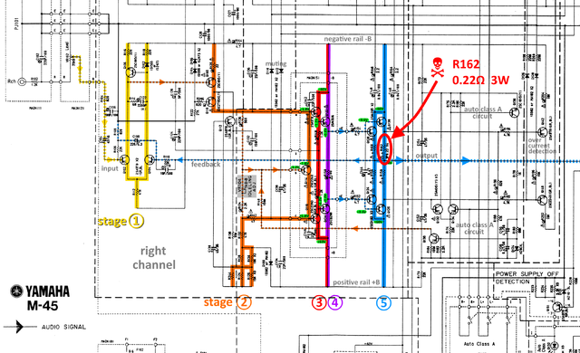 Yamaha M-45 Schematic Detail Right Power Amp Defective Resistor Marked