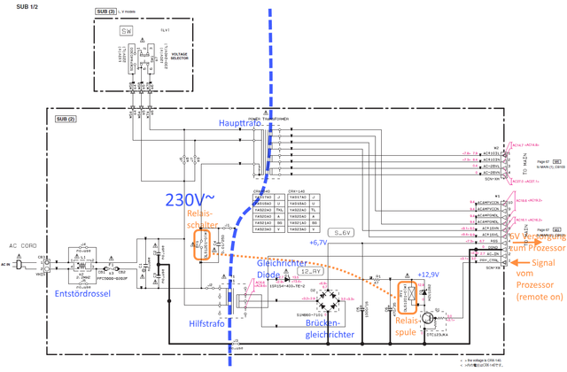 Yamaha MCR-040 MCR-140 CRX-040 CRX-140 schematic detail SUB2 standby circuit _marked