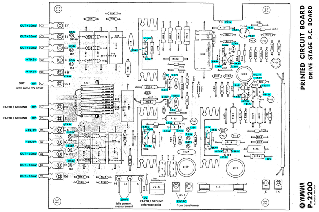 Yamaha P-2200 PCB layout main drive power amp voltages marked