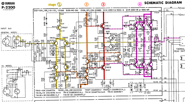 Yamaha P-2200 schematic detail left power amp stages marked