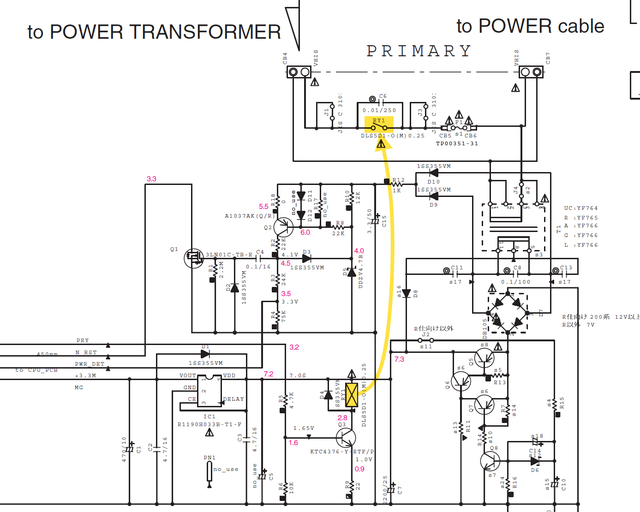 Yamaha R-S201 schematic detail standby circuit relay marked