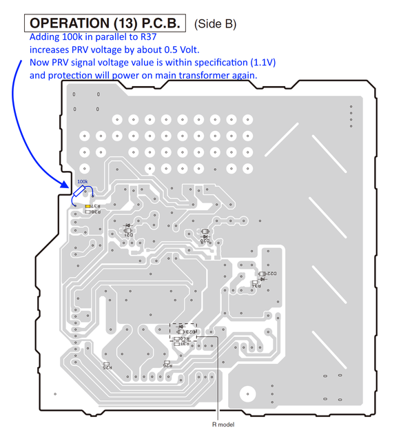 Yamaha R-S300 PCB Layout adding resistor in parallel to R37 to increase PRV voltage to power on again workaround