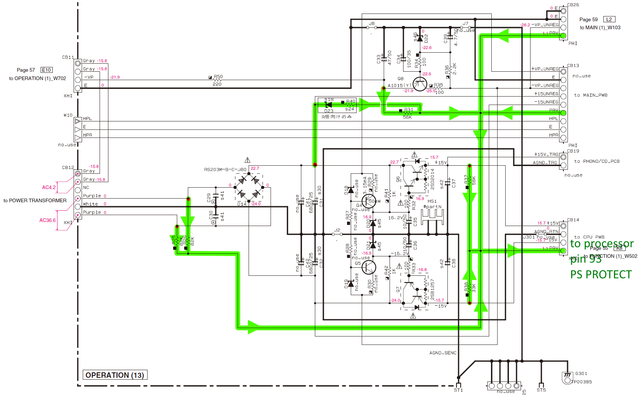 Yamaha R-S300 schematic detail protection sensor power supply voltages PRV trace 1