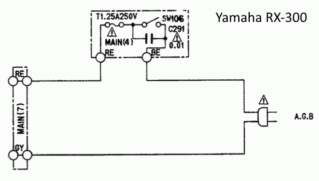 Yamaha RX-300 schematic detail power input switch and fuse T1,25A