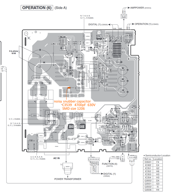 Yamaha RX-A3050 RX-V3079 PCB layout detail standby power supply OPERATION(6) SMPS circuit noisy capacitor marked