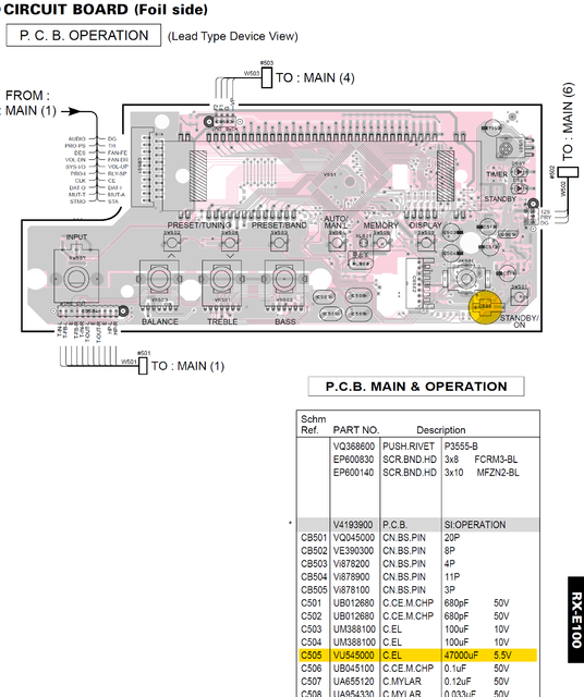 Yamaha RX-E100 PCB layout OPERATION gold capacitor C505