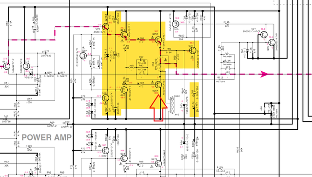 Yamaha RX-E410 RX-E810 schematic detail left power amp possible damage