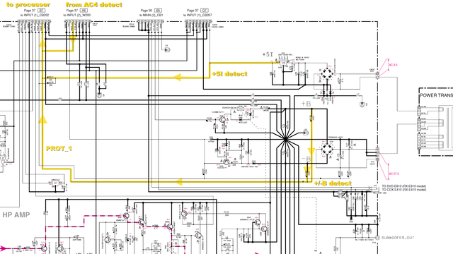 Yamaha RX-E810 RX-E410 schematic detail protection PROT_1 P1 signal calculation PCB MAIN(1)