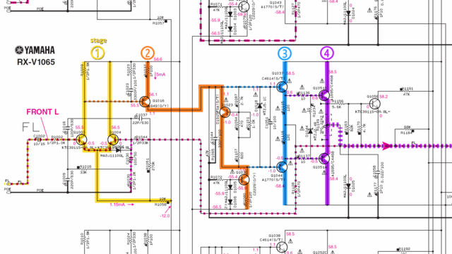 Yamaha RX-V1065 schematic detail left power amp stages marked