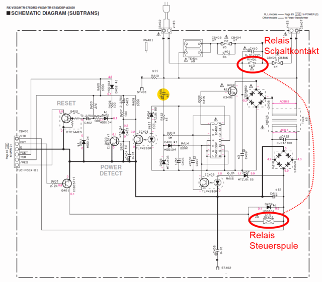 Yamaha RX-V450 schematic detail standby PCB relay relais identified