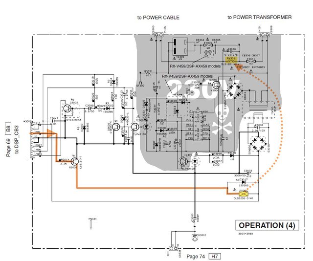 Yamaha RX-V459 schematic detail OPERATION (4) mains power on switch