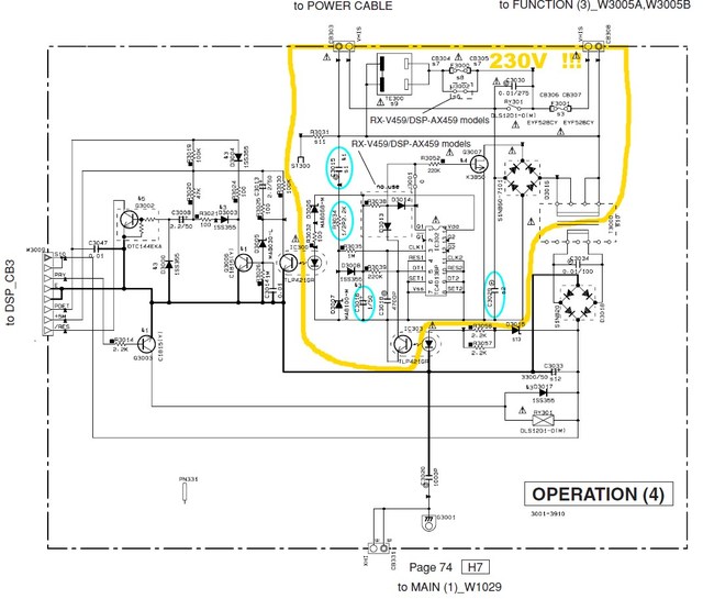 Yamaha RX-V459 schematic detail power operation 4 PCB