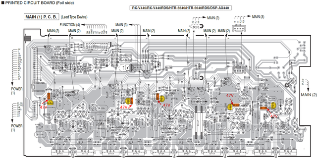 Yamaha RX-V540 RX-V440RDS MAIN(1) PCB layout with current sensor transistors marked