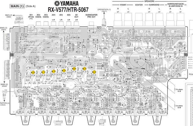 Yamaha RX-V577 PCB layout MAIN(1) capacitors in feedback marked