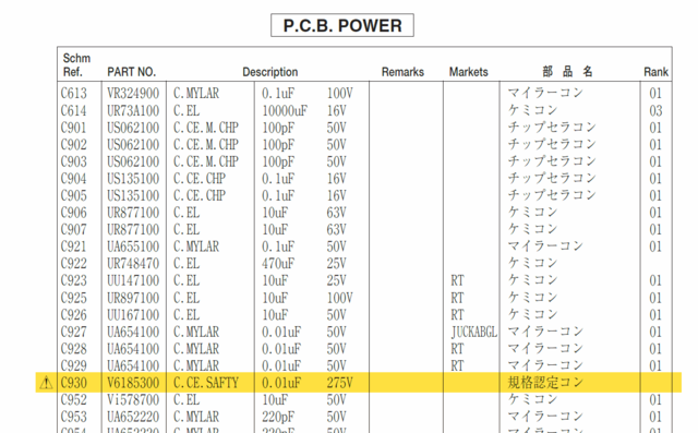 Yamaha RX-V630 parts list C930 mains safety X2 standby circuit