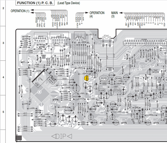 Yamaha RX-V630 PCB layout FUNCTION(1) position of IC442 NJM78L05A 5V regulator