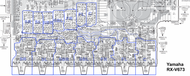 Yamaha RX V673 Main PCB Layout Detail Power Amps Channels Marked