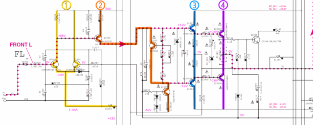 Yamaha RX V673 Schematic Detail Front Left Power Amp Stages Marked