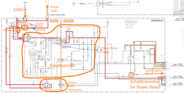 Yamaha RX-V677 schematic detail standby circuit fuses switching power supply relay relais