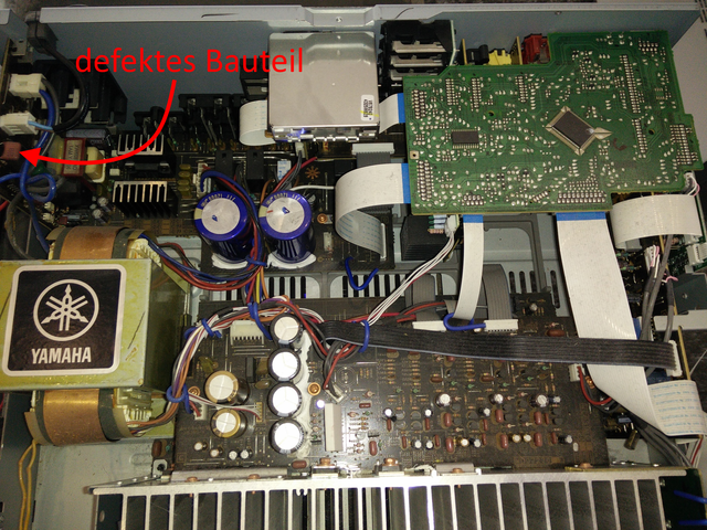 Yamaha RX-V750 inside view with defective capacitor marked