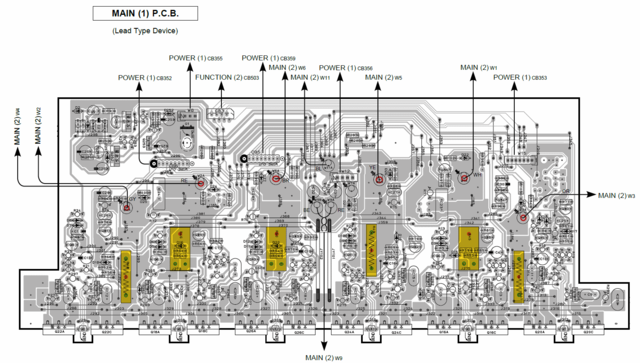 Yamaha RX-V750 PCB Layout MAIN emitter resistors amp output marked