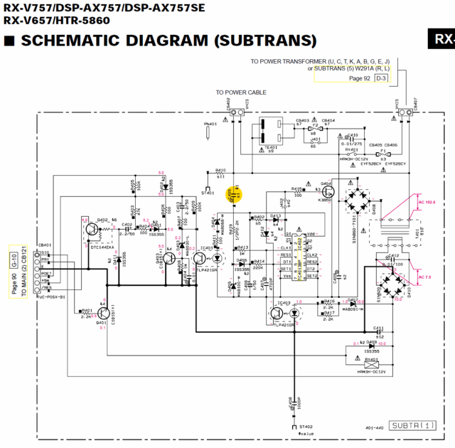 Yamaha RX-V757 schematic detail standby power switching SUBTRANS(1) PCB C405 capacitor defective