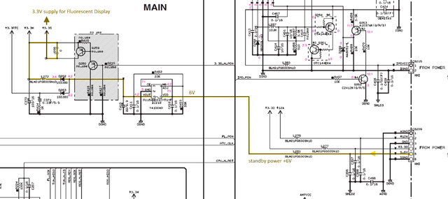 Yamaha TSX-130 TSX-120 schematic detail MAIN PCB creating +3.3S supply voltage for fluorescent display