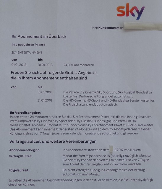 SKY erste Auftragsbesttigung