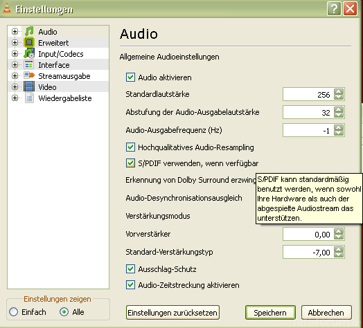 VLC Player SPDIF, Wenn Verfügbar