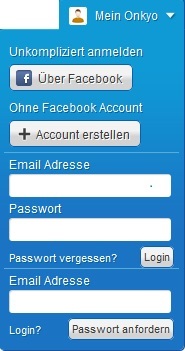 "Mein Onkyo" Anmeldemaske
