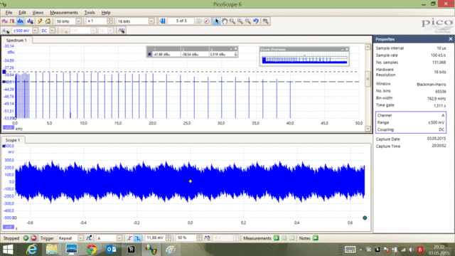 Frequenzanalyse eines hochreinen Multi-Sinus-Signals an Lautsprecherbuchse