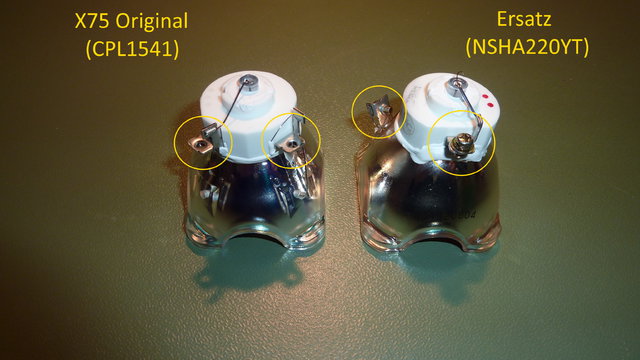 Vergleich X75 original-Lampe USHIO CPL1541 mit Ersatz USHIO NSHA220YT