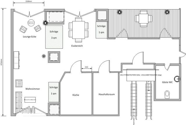 Grundriss Wohn-, Ess und Loungebereich