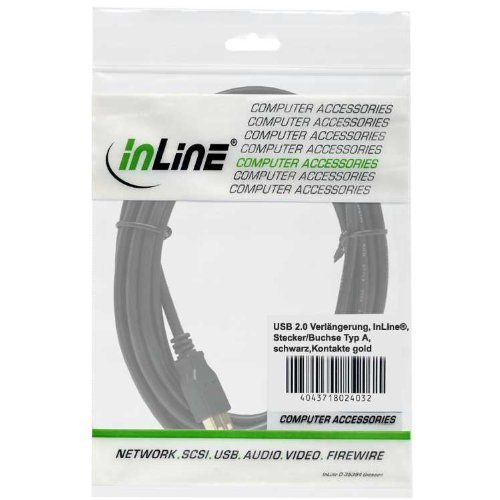 InLine USB 2 0 Verlaengerungskabel, Vergoldet, 2m, Schwarz