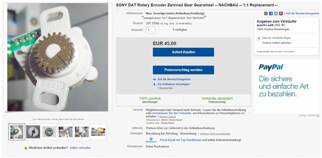 SONY DAT Rotary Encoder Zahnrad Gear NACHBAU Von AXEL HUCHT (Berlin)