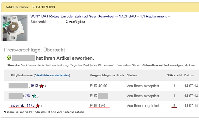 SONY DAT Rotary Encoder Zahnrad NACHBAU -- Preisvorschlag Von Mcs-Mik
