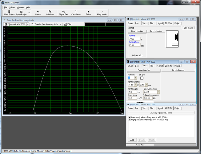 Subwoofer Simulation Mivoc AW 3000, CX2310, 70L, 31Hz Tuning