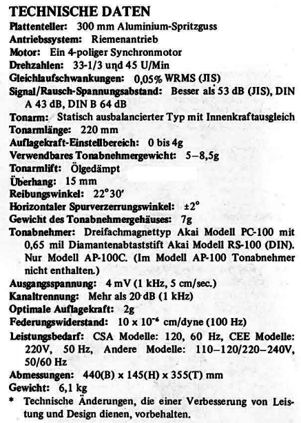 AKAI AP 100 C Specs