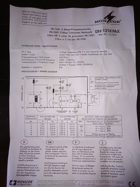 Monacor DN1218PAX Anschlussplan