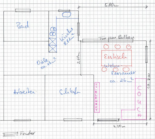 Wohnungsskizze Mit Bemaßtem Wohnzimmer