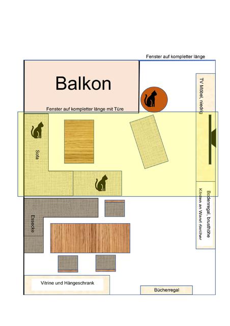 Wohnzimmer Grundriss mit Mbel, Katzen und gelb der Bereich, auf den die LS ausgerichtet sein sollen?!