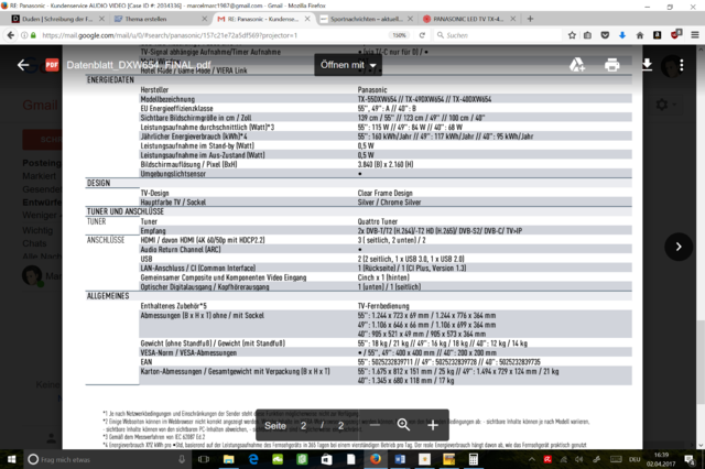 Datenblatt Panasonic TX49DXW654