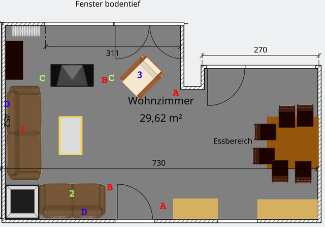 Wohnzimmer mit mglichen Sitz- und Boxenpositionen