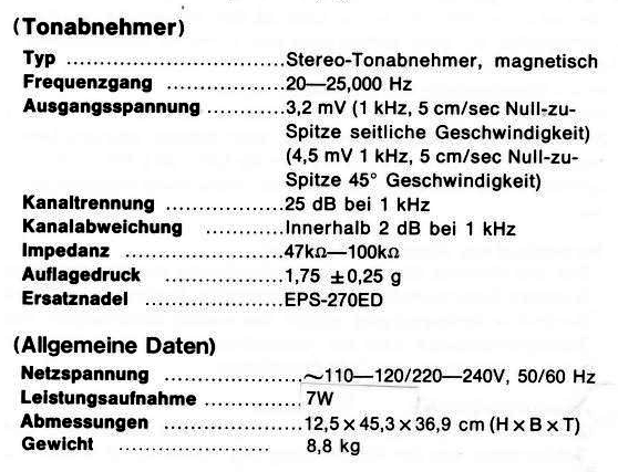 Technische Daten Tonabnehmer