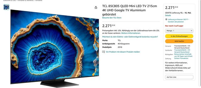 TCL 85C805 QLED Mini LED TV 215cm 4K UHD Google TV Aluminium Gebürstet Amazon De Elektronik Foto