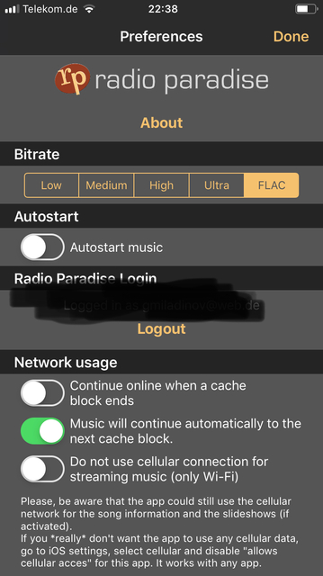 Radio Paradise IOS Settings FLAC