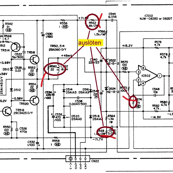 Denon Poa 2200 Schematic Detail Right Power Amp Voltages Checked Blank Trennen