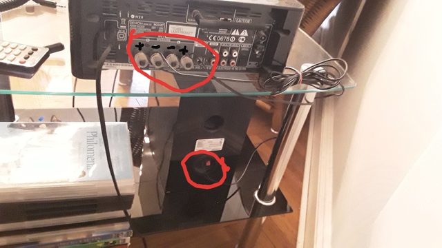 Rckseite der Anlage mit dem Lautsprecher Kabel (Rot markiert, Polung der Kabel in Schwarz markiert (+, -, -, +) und der Rckseite von einem Lautsprecher 